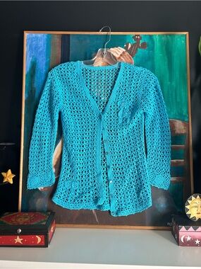 Turquoise Crochet Knit Cardigan Floral Appliqué Boho Cottagecore Sweater Small